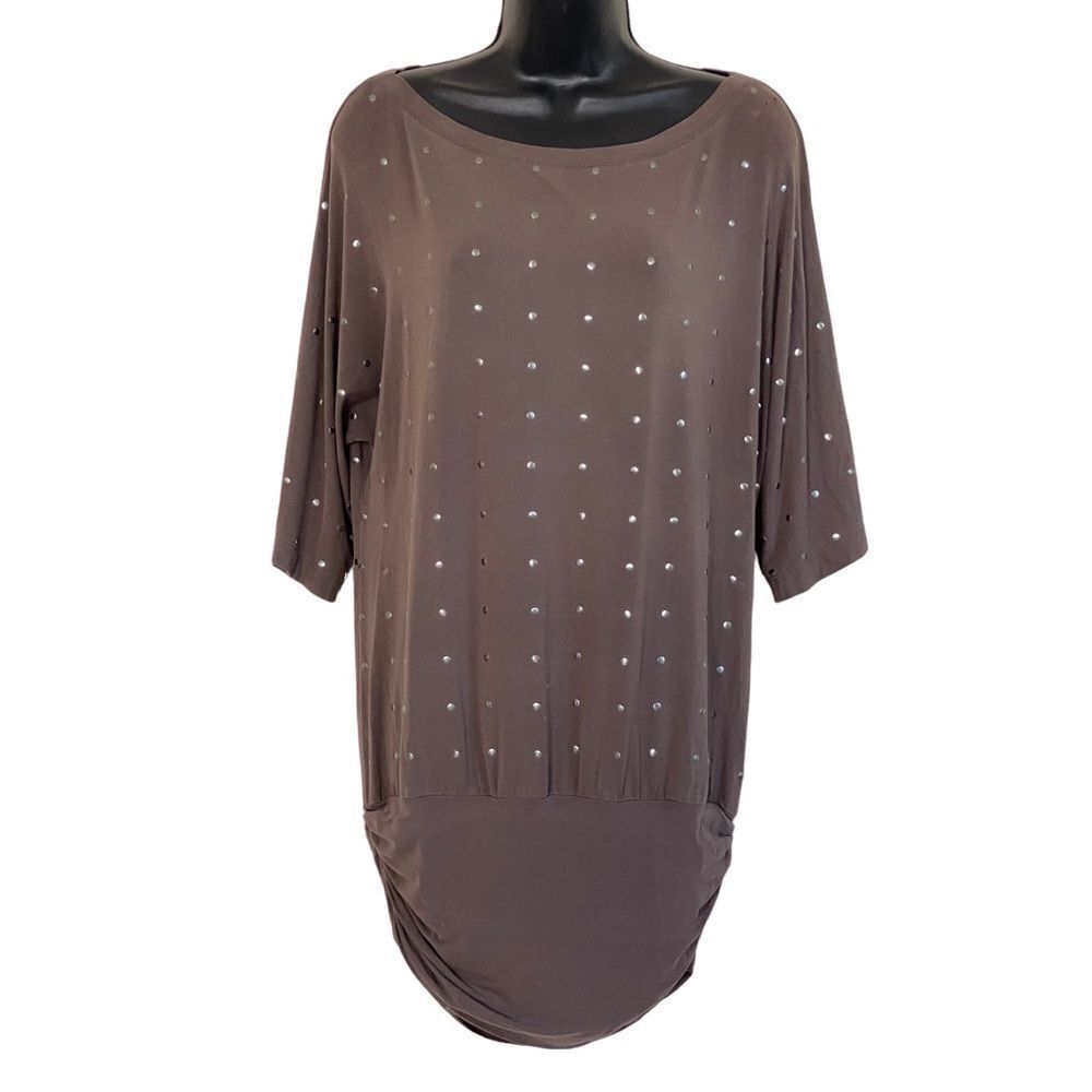St John Silver Tone Studded Taupe 3/4 Sleeve Tunic Mini Dress Sz S